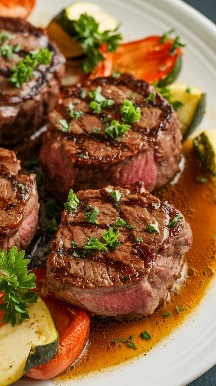Garlic butter steak bites served on a plate, garnished with parsley, alongside roasted vegetables.