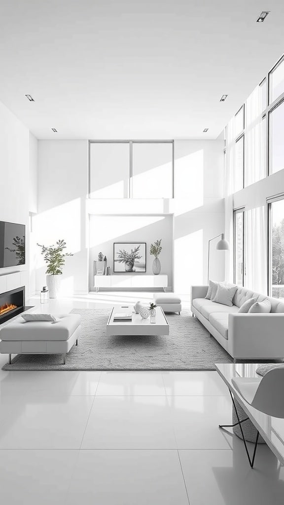 A bright and beautifully designed white minimalist living room with large windows, a cozy white sofa, and modern decor.