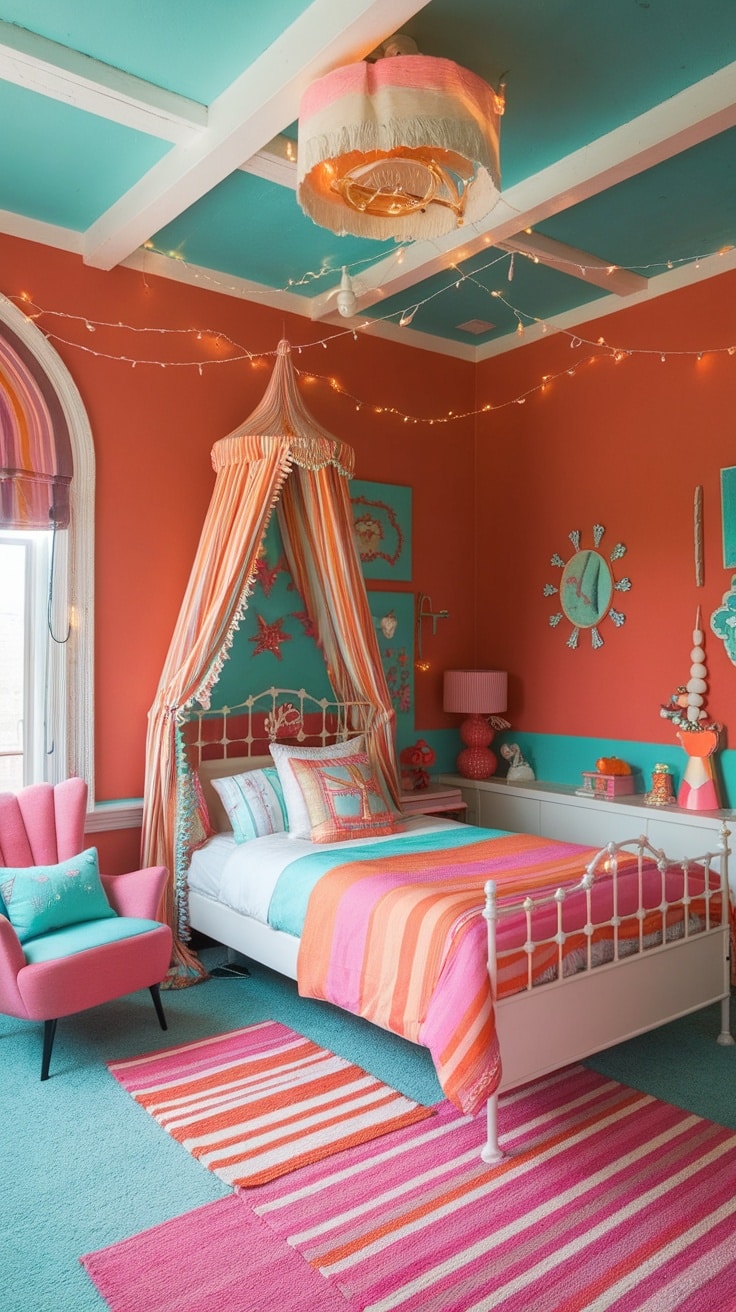 A colorful fairy bedroom featuring pink, teal, and orange decor.