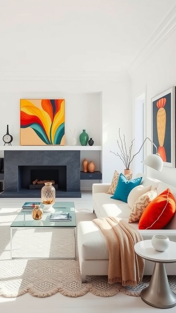 A bright white living room featuring colorful artwork, vibrant pillows, and stylish decor.
