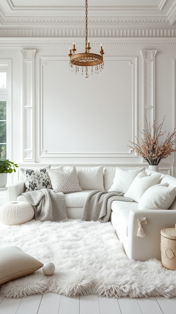 Cozy white living room with soft textures and fabrics.