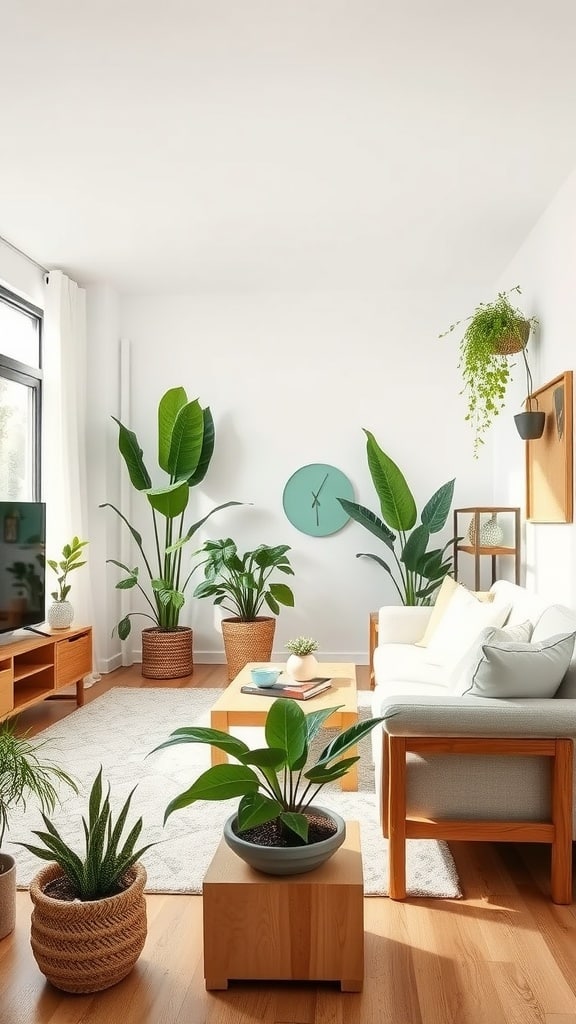 Bright white living room decorated with various indoor plants, wooden furniture, and a soft rug.