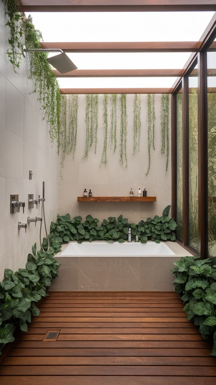 A beautifully designed bathroom featuring natural materials, plants, and wooden accents.