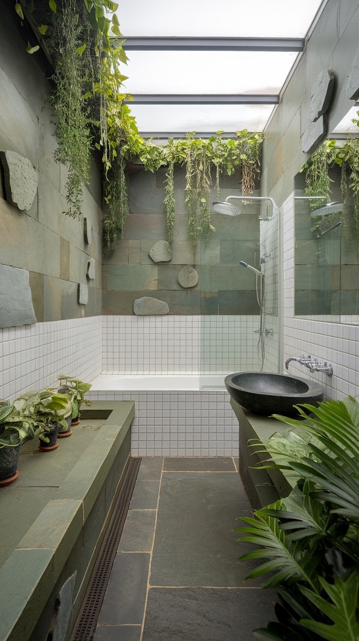 A beautifully designed bathroom featuring natural stone accents with greenery.