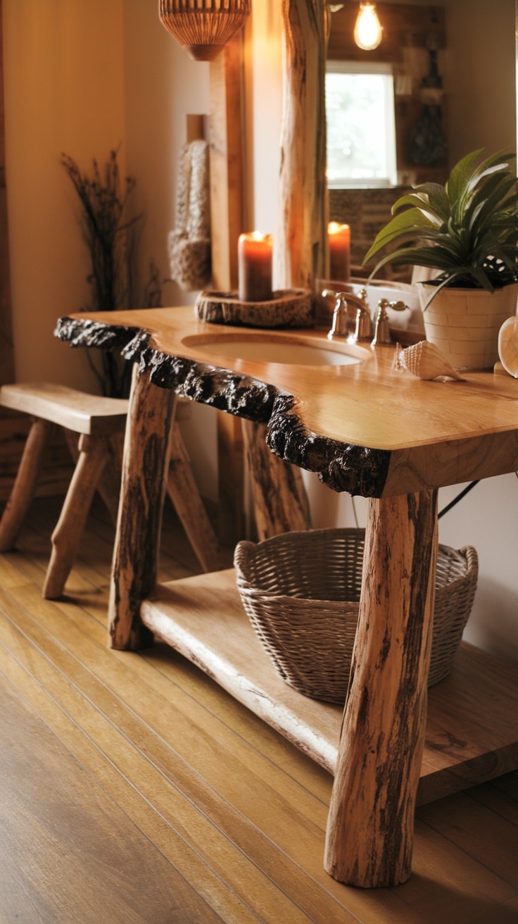 Wooden vanity with live edge in a rustic bathroom setting