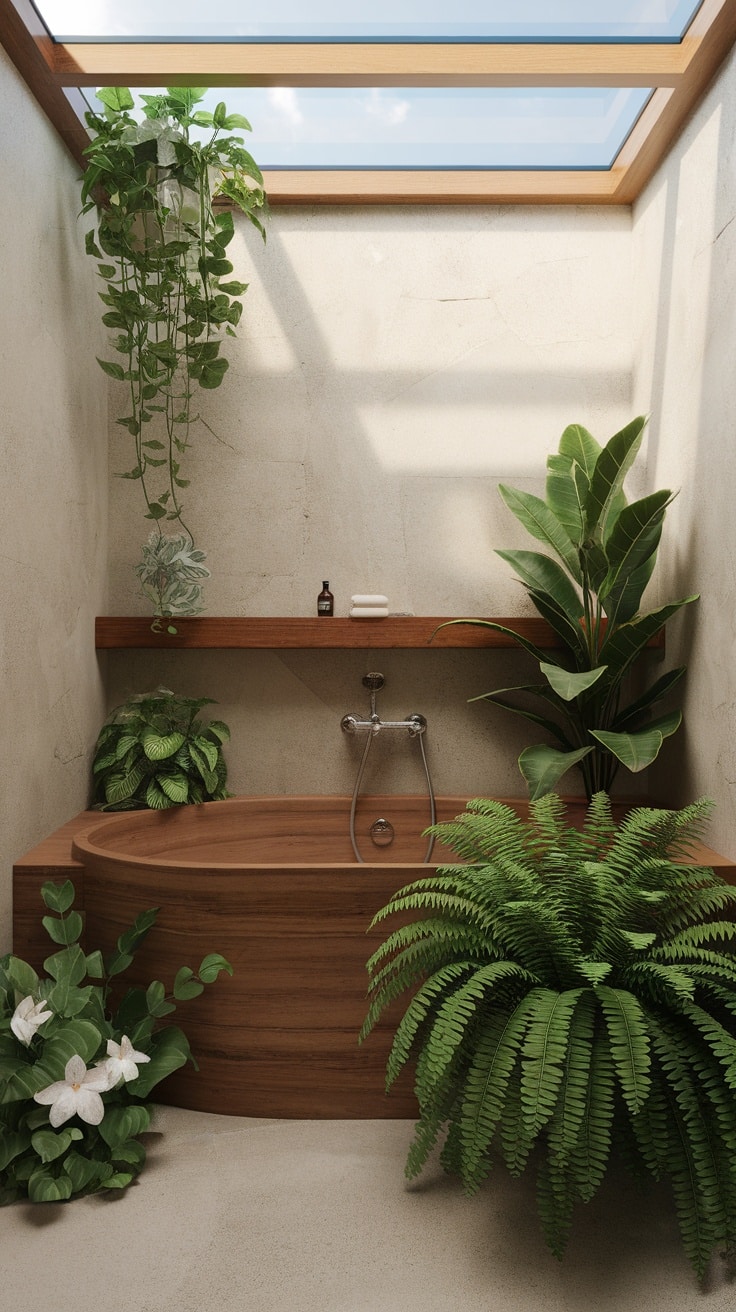 A serene bathroom featuring a wooden bathtub surrounded by lush greenery and natural light.