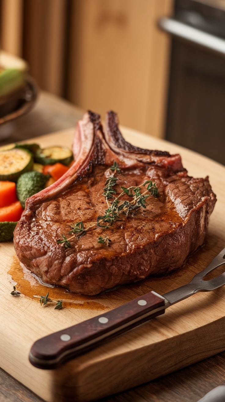 Juicy ribeye steak with garlic butter, garnished with thyme, on a rustic wooden board.
