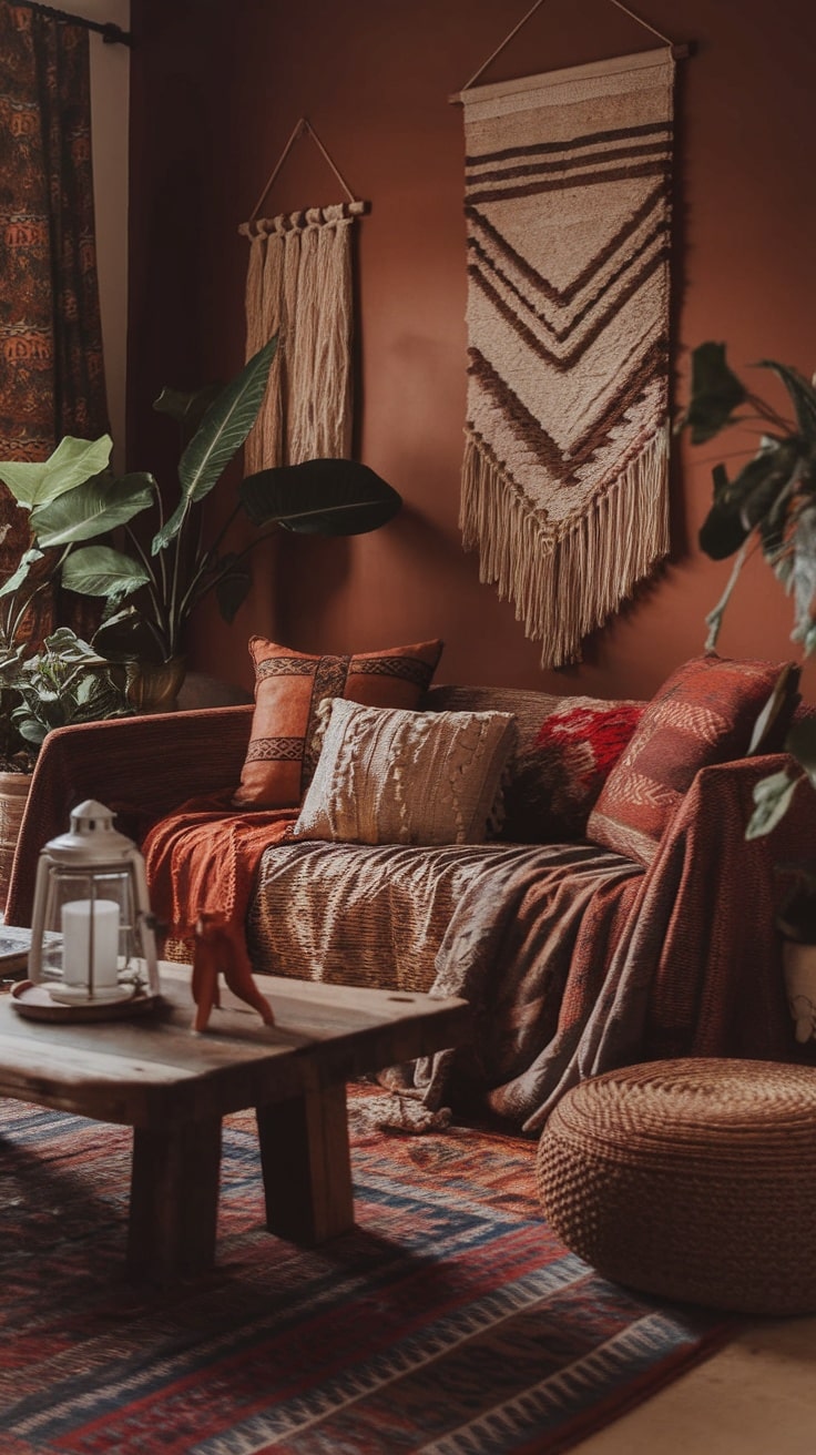 A cozy dark bohemian living room featuring a charcoal gray velvet sofa with earthy cushions, an antique wooden coffee table, and a patterned Persian rug.