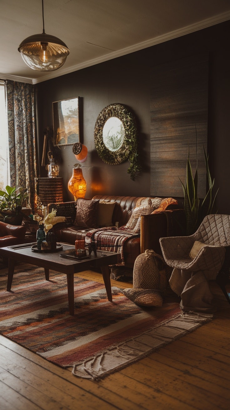 A cozy dark bohemian living room featuring a velvet sofa, antique coffee table, patterned rug, and various eclectic decor elements.
