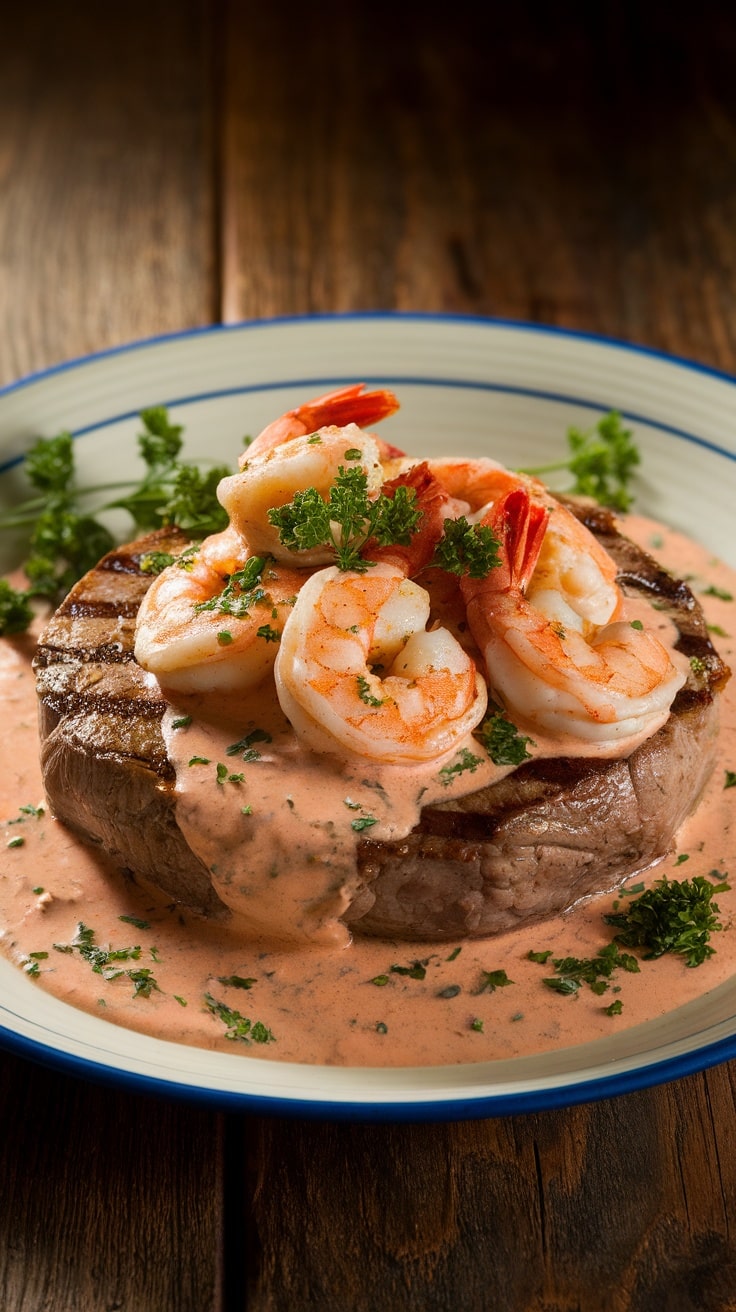 A juicy steak with creamy Cajun shrimp sauce, garnished with parsley on a rustic wooden table.