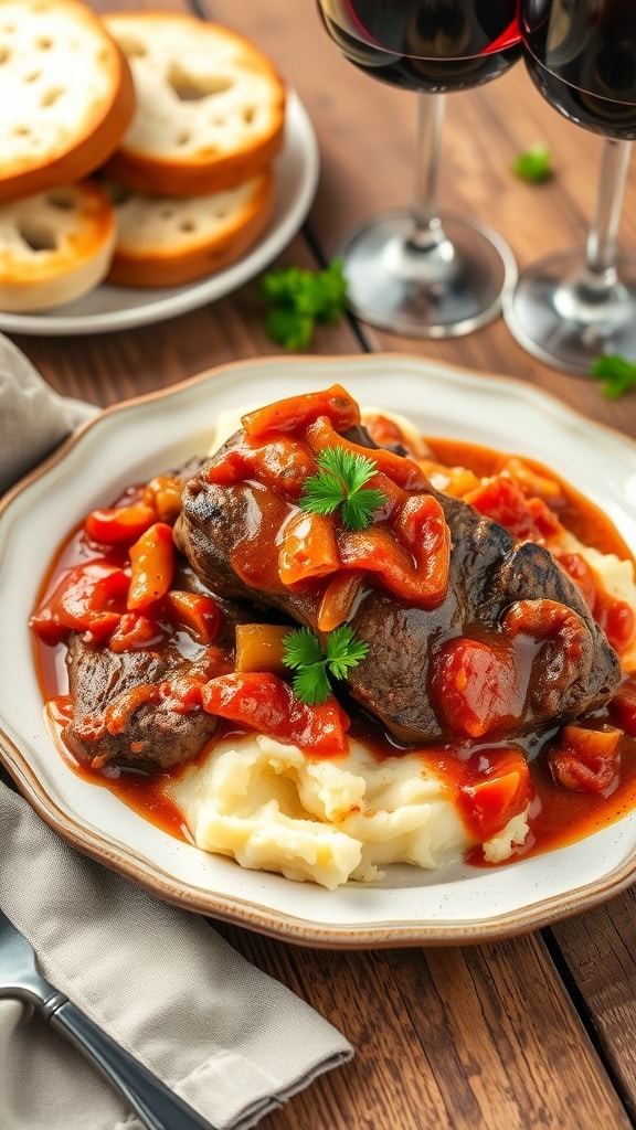 A plate of Swiss steak with mashed potatoes and tomato sauce, garnished with parsley on a rustic table.