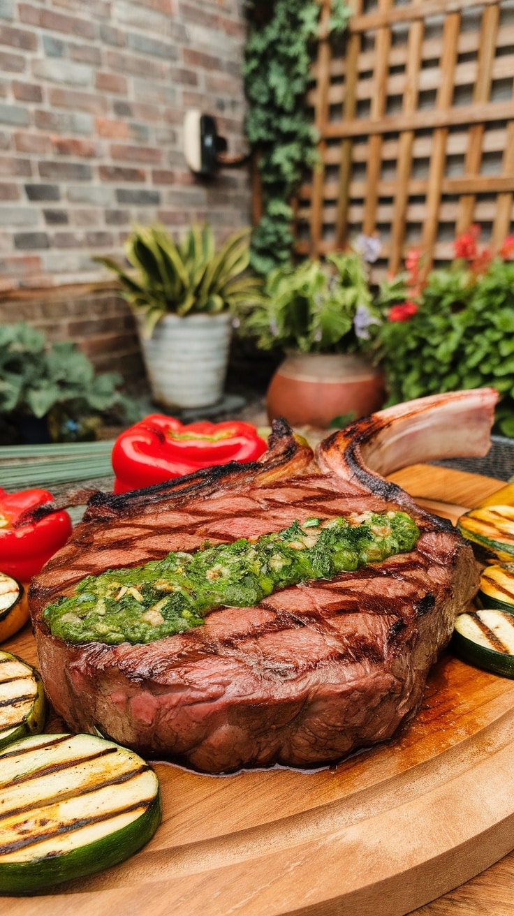 Grilled tomahawk steak with chimichurri sauce on a wooden board, surrounded by grilled vegetables.