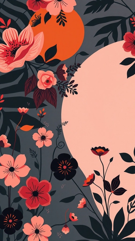 Abstract floral wallpaper design featuring bold colors and shapes