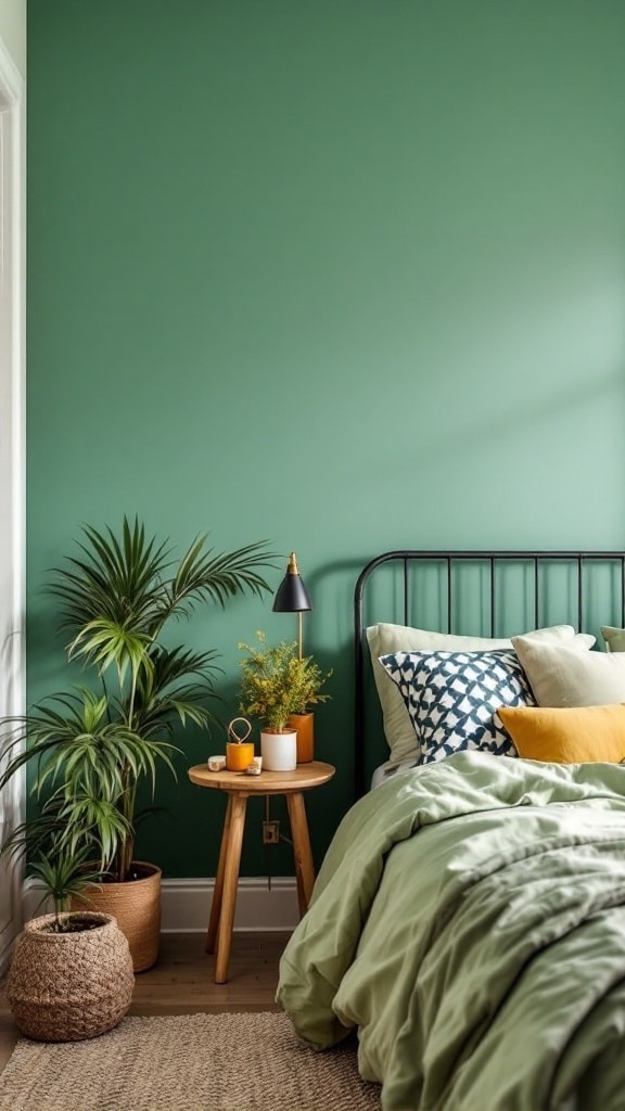 A cozy green bedroom featuring a green accent wall, soft bedding, and plants.