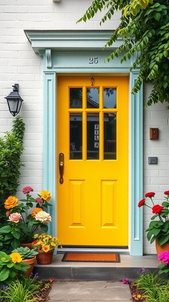 A bright yellow front door with blue trim surrounded by colorful flowers and greenery.
