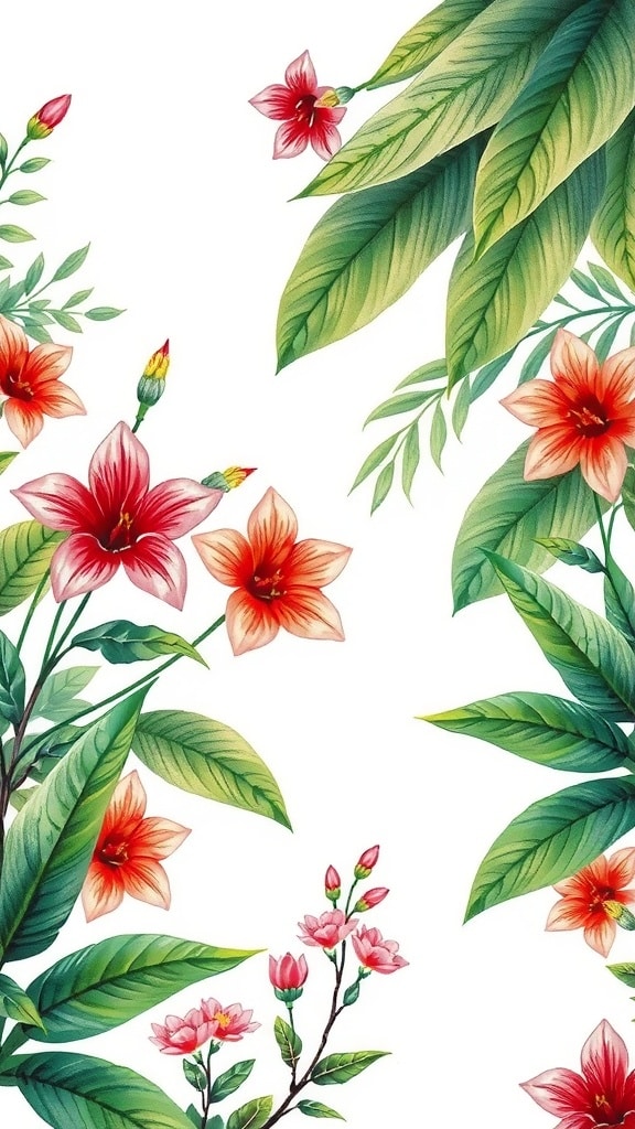 Colorful botanical illustration with flowers and leaves on a white background.