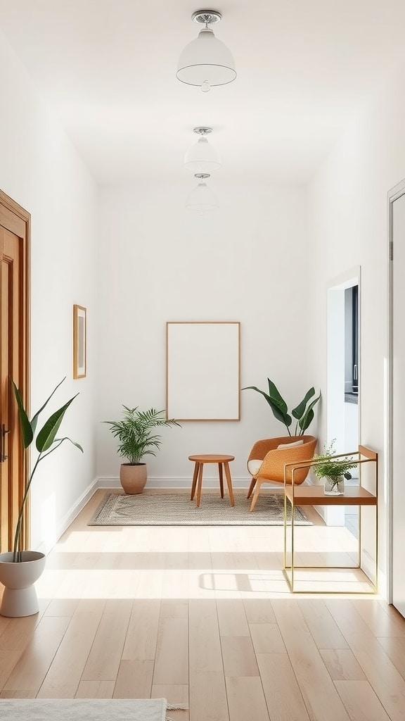 A chic minimalist entrance hall featuring light wood flooring, white walls, an orange chair, a small wooden table, and potted plants.