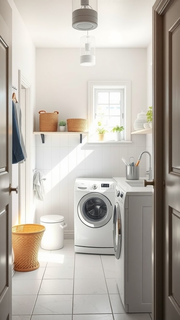 A bright and airy small laundry room with light colors, a window, and simple decor.