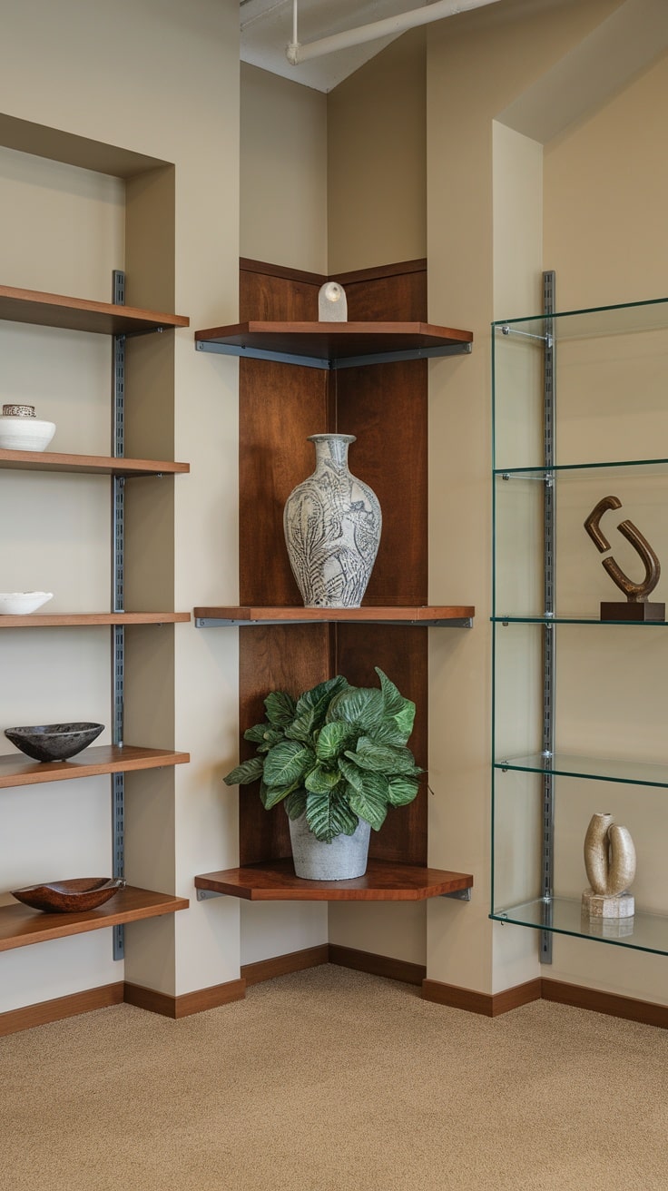 A stylish corner shelf setup featuring wooden and glass shelves, decorated with vases and plants.