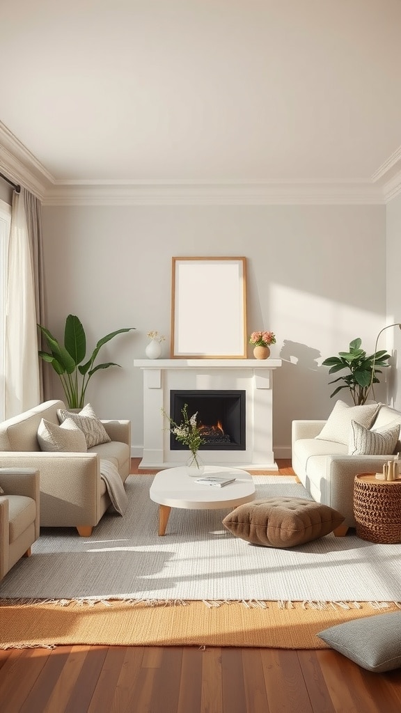 A cozy living room with neutral colors, featuring comfortable sofas, a coffee table, and indoor plants.