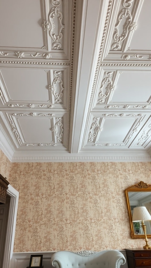 Intricate crown molding design on a ceiling with a decorative wall and elegant furnishings.