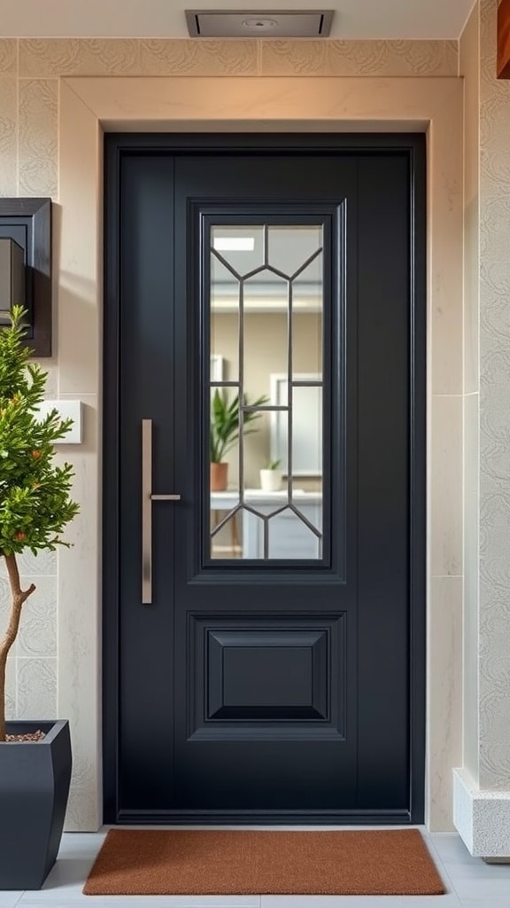 A modern front door featuring elegant glass inserts with geometric patterns and a dark finish.