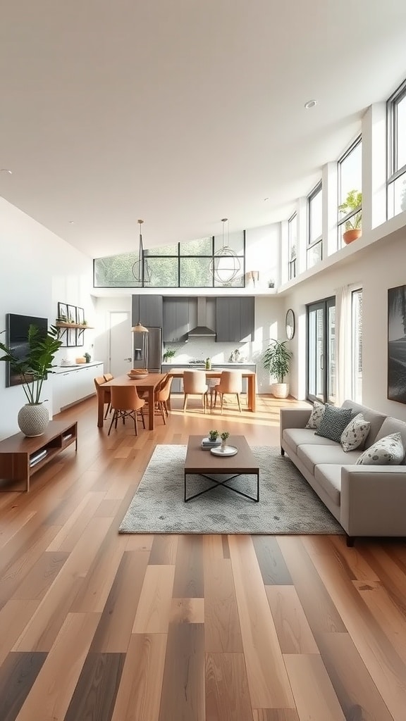 Open floor plan featuring a living area, dining space, and kitchen with large windows and wooden floors
