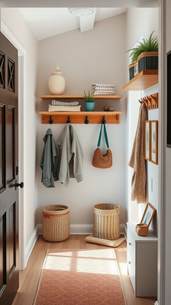 A cozy entrance hall featuring wall-mounted shelves, hooks for jackets, woven baskets, and a rug, all designed for functional storage in a small space.