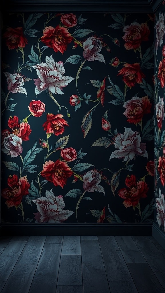 Gothic-inspired dark floral wallpaper featuring red and white flowers on a deep background.