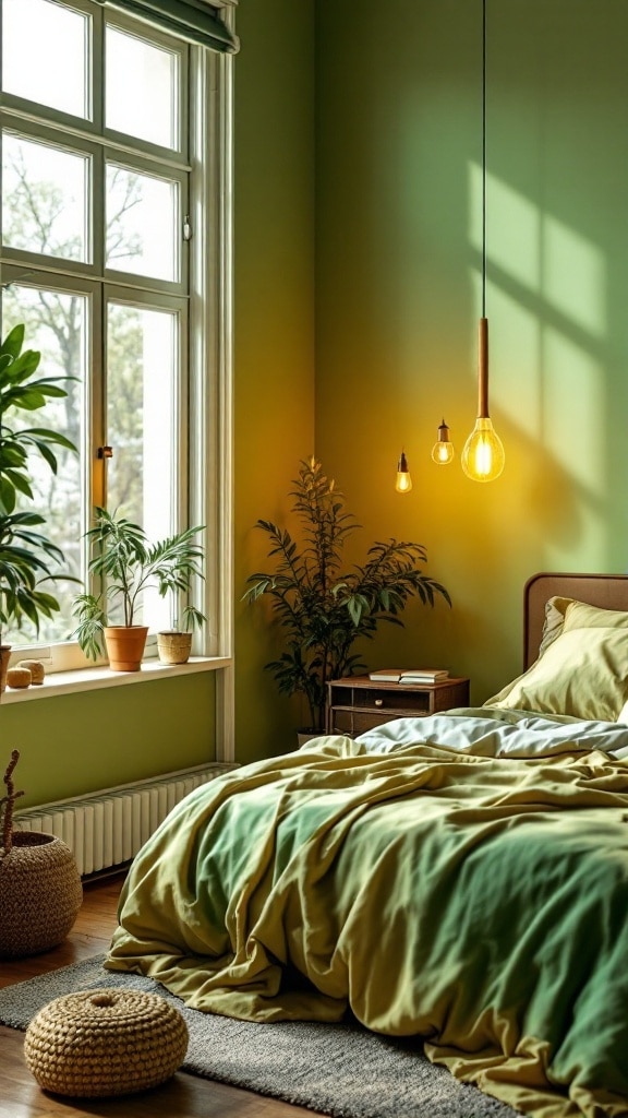 A cozy green bedroom featuring hanging lights and plants.