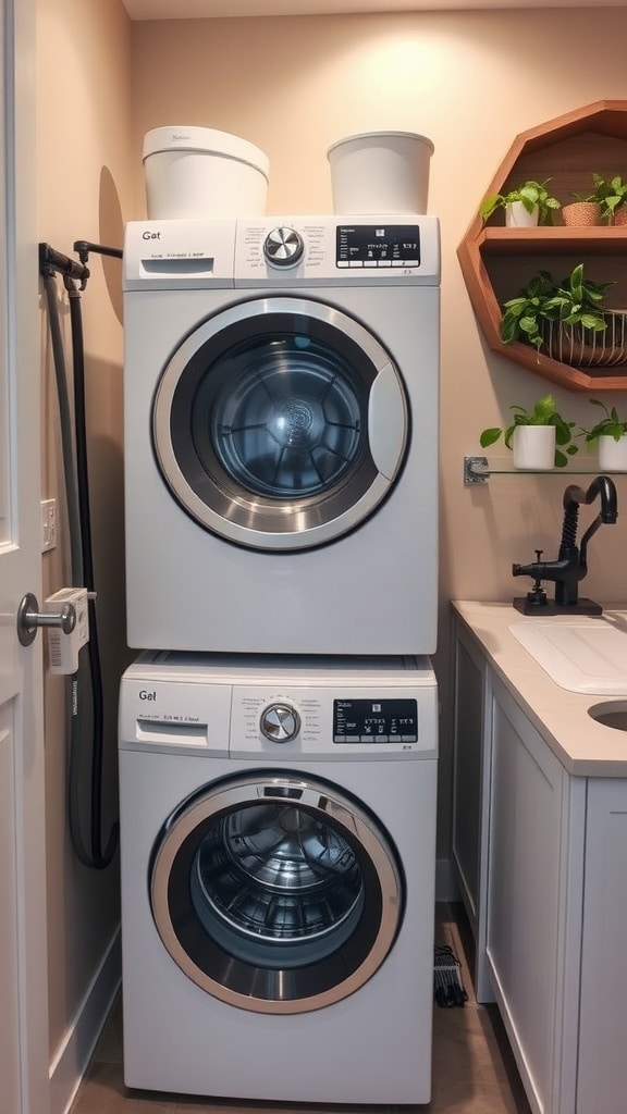 A compact washer-dryer combo stacked in a small laundry room with decorative plants and a simple sink area.
