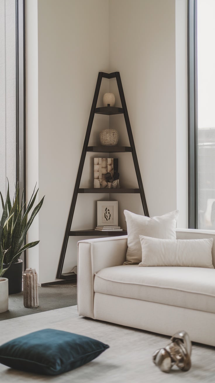 A modern corner shelf displaying decorative items, next to a white couch and a plant.
