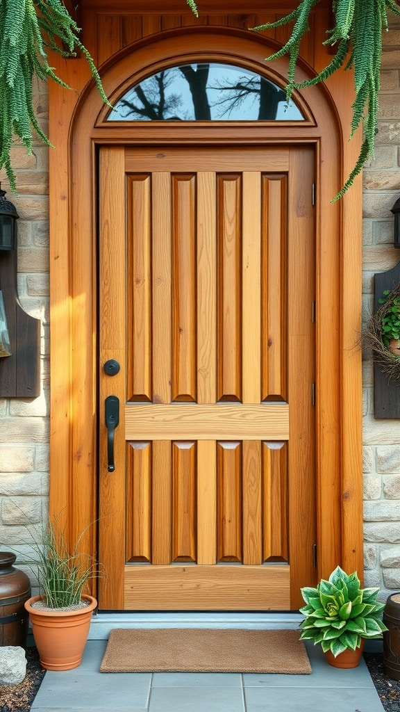 A wooden front door with an arched window, surrounded by plants in pots