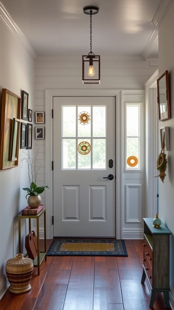 A beautifully decorated entrance hall with art on the walls, a plant, and warm lighting.