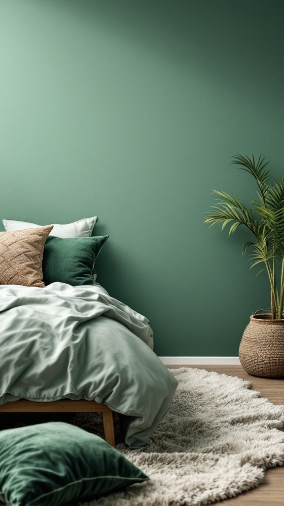A cozy green bedroom featuring layered textures, including a soft green duvet, various green pillows, and a fluffy rug, complemented by a houseplant.