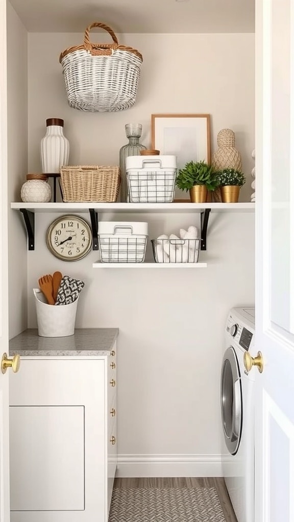 A cozy small laundry room with shelves, decorative items, and a washing machine.
