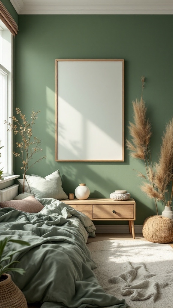 A cozy green bedroom with soft green walls, comfortable bedding, wooden furniture, and decorative plants.