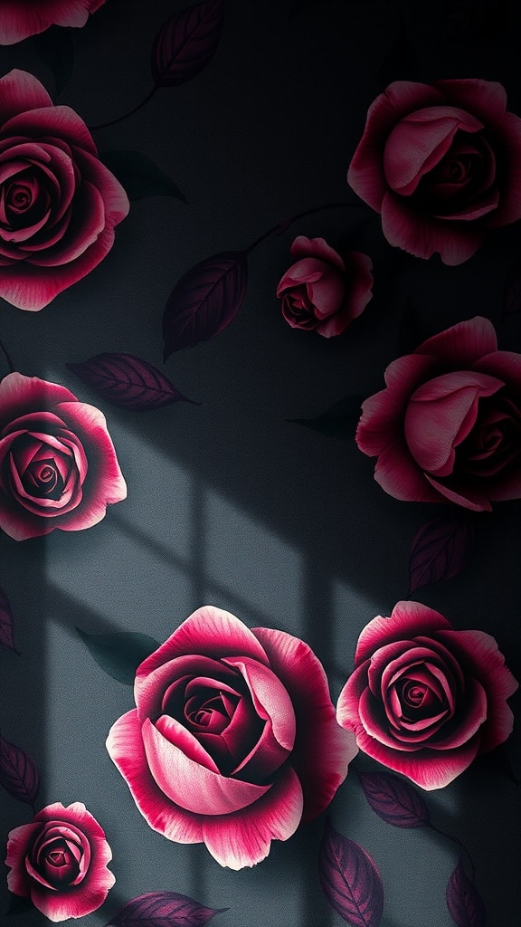 Dark floral wallpaper featuring vibrant roses in pink and red shades
