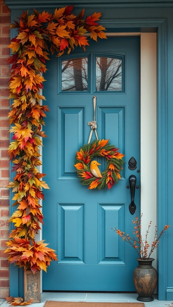 A blue front door decorated with autumn leaves and a cheerful bird wreath.