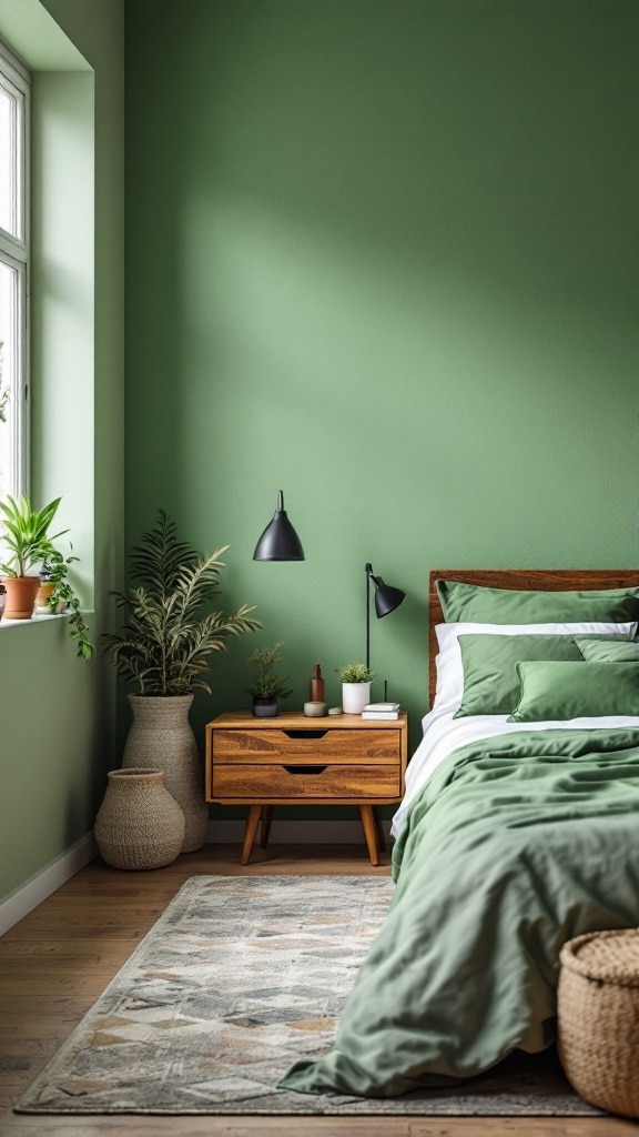 A stylish green bedroom featuring a wooden nightstand, plants, and soft green bedding.
