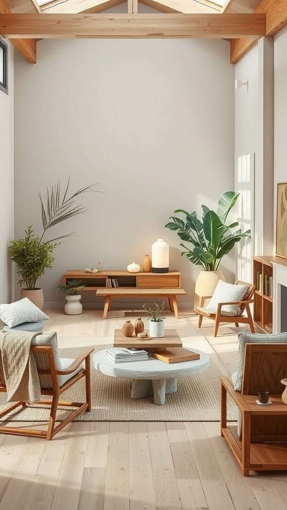 A cozy living room featuring sustainable natural materials, with wooden furniture, plants, and warm textiles.
