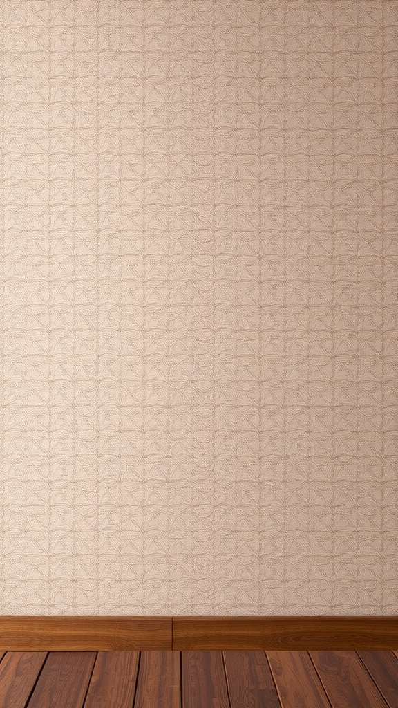 Textured neutral wallpaper with a subtle pattern and wooden floor