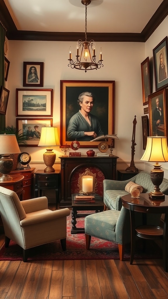 A cozy room with vintage accents, featuring a portrait, various framed artworks, soft chairs, and warm lighting.
