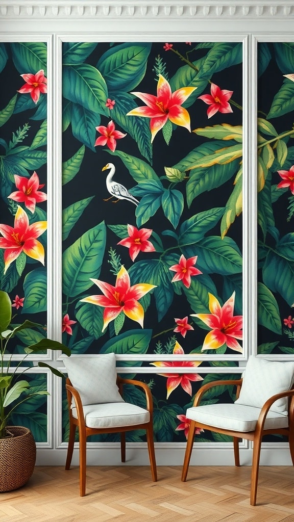A room with tropical dark flora wallpaper featuring vibrant flowers and leaves, complemented by light-colored chairs.
