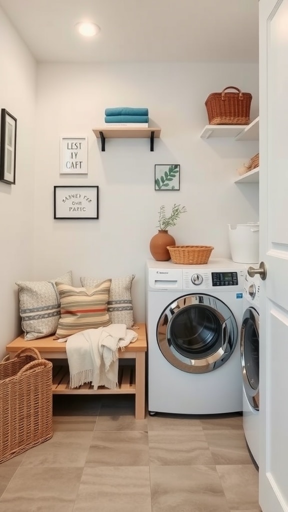 A small laundry room with a bench, storage baskets, and washing machine.