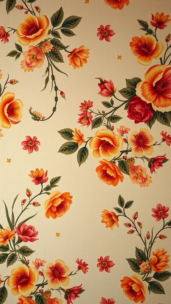 Vintage floral wallpaper design featuring orange and pink flowers on a light background