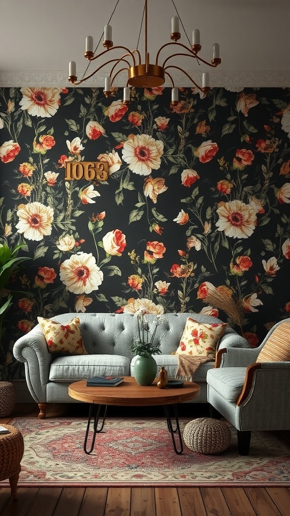 A cozy living room featuring vintage floral wallpaper with bold flowers against a black background, complemented by light gray furniture and natural textures.