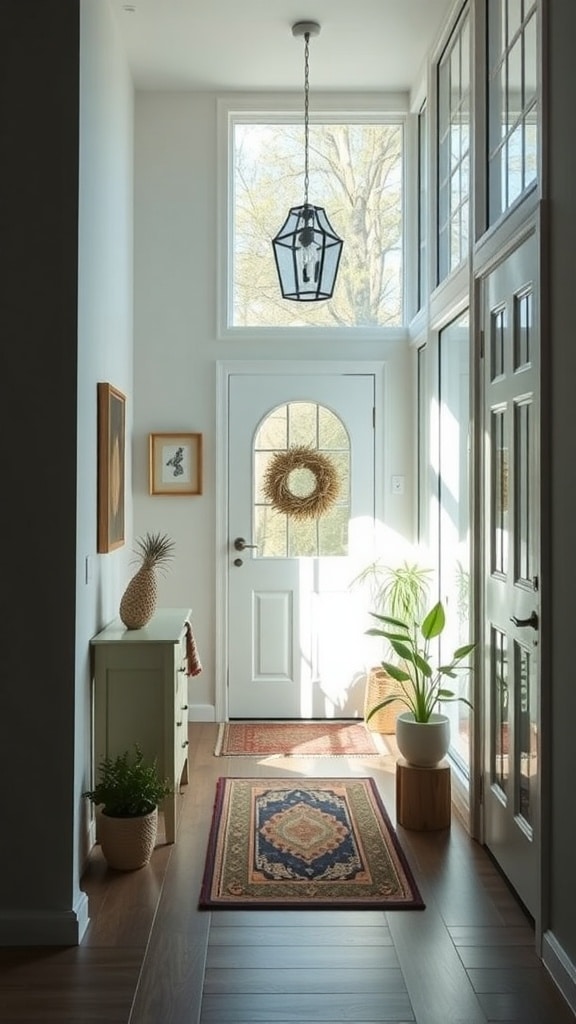 A bright and welcoming entryway with large windows, natural light, plants, and decorative rugs.