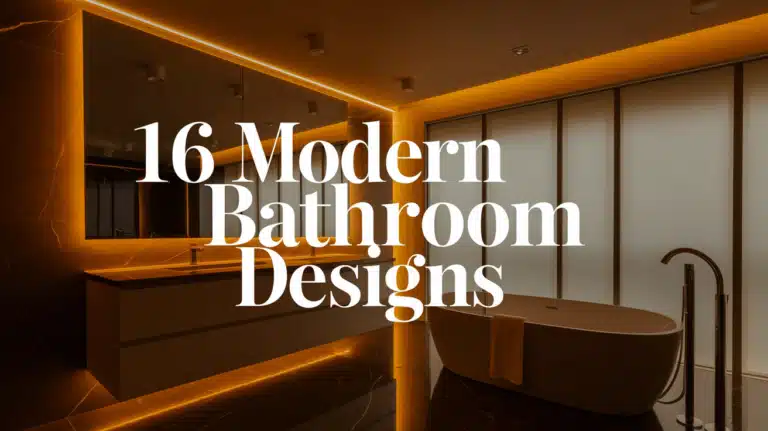 A stylish bathroom features a freestanding tub, modern fixtures, and a large mirror with a warm, ambient lighting. The text 16 Modern Bathroom Designs is displayed prominently in the center.