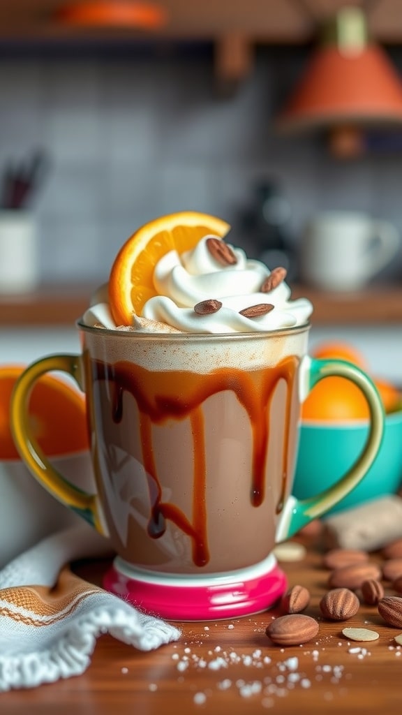 A warm mug of chocolate orange almond drink topped with whipped cream and garnished with an orange slice and slivered almonds.